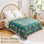 Boho Throw Blanket, 100% Cotton Ultra Soft Luxury Throw Rustic Quilt, 90"x98" Floral Printed Farmhouse Decor Bed Summer Blankets, All Season Rustic Reversible Bohemian Throw for Bed - Blue