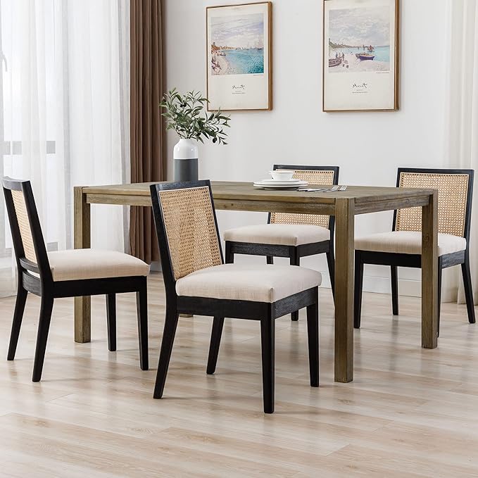 VESCASA Upholstered Dining Chairs with Square Wooden Rattan Back, Armless Padded Linen Cushion Dining Chairs with Wood Legs for Dining Room, Kitchen, Set of 4, Black Frame