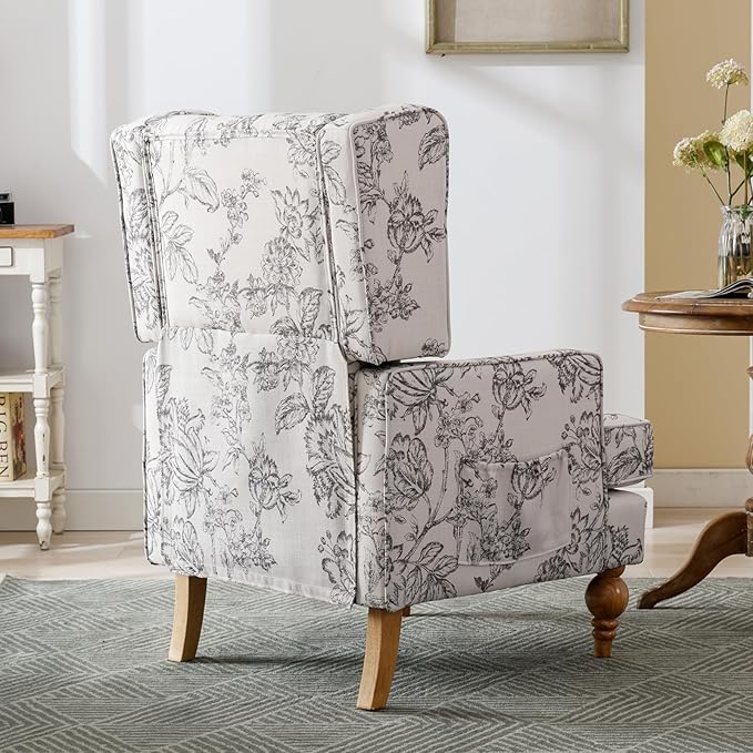 DUOMAY Tufted Accent Chair Set of 2, Modern Linen Upholstered Wingback Side Arm Chair for Living Room Bedroom with Wood Legs, Comfy Reading Guest Chair for Office, Beige Flower Pattern