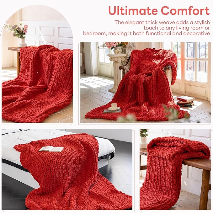 Chunky Knit Blanket - Luxury Soft Cozy 60 * 80 Throw Blanket,100% Woven Blanket Rope Knot Throw Blanket for Couch, Sofa, Home Decor, Gift - Machine Washable（Wine red）