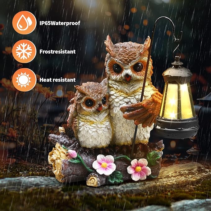 Json Garden Owls Statue with Solar LED Lantern, Loving Owls Family Embrace, Gifts for Mom Yard Art, Whimsical Figurine Large Sculpture Lighted Outdoor Mother's Day Spring Decorations for Lawn, Porch