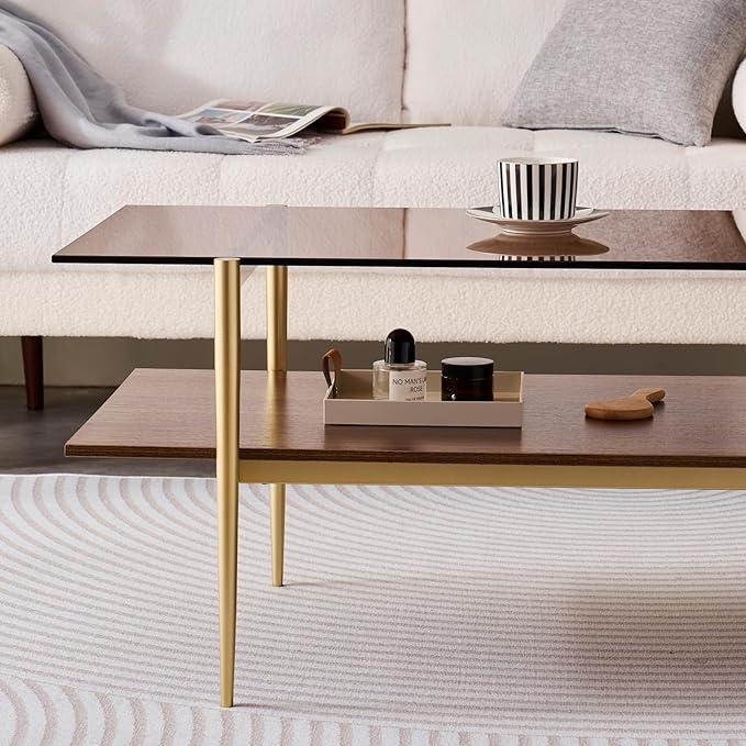 Rectangle Coffee Table, Mid-Century Modern Design, L41 W21 x H17, for Living Room, 2-Tier Structure, Amber Glass Top and Walnut MDF Shelf, Sleek Conical Metal Legs with Gold Finish