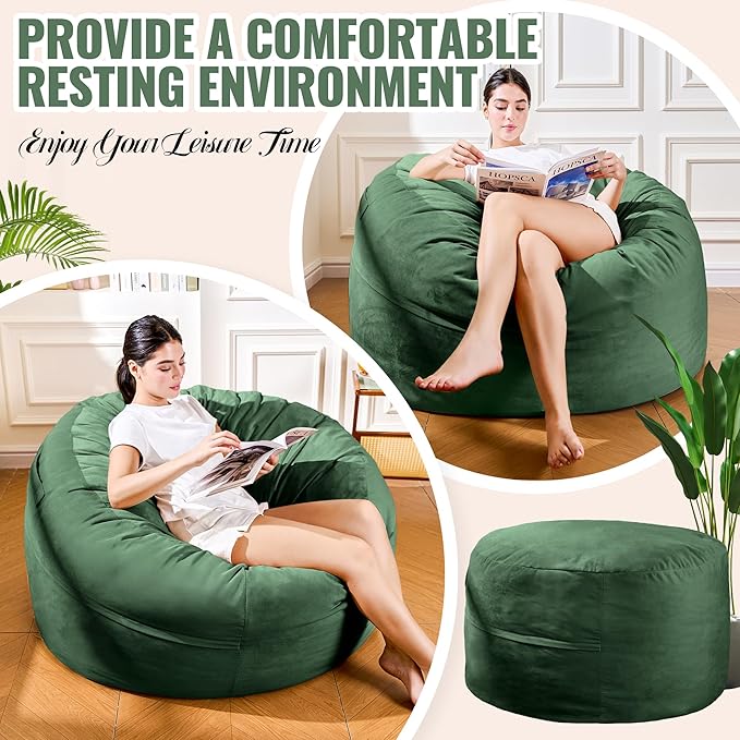 4FT Bean Bag Chair: Bean Bag with Velvet Cover, Fluffy and Comfy Bean Bag Chairs for Adults and Kids, Bean Bag Sofa Filled with High-Density Sponge for Gaming (Green)