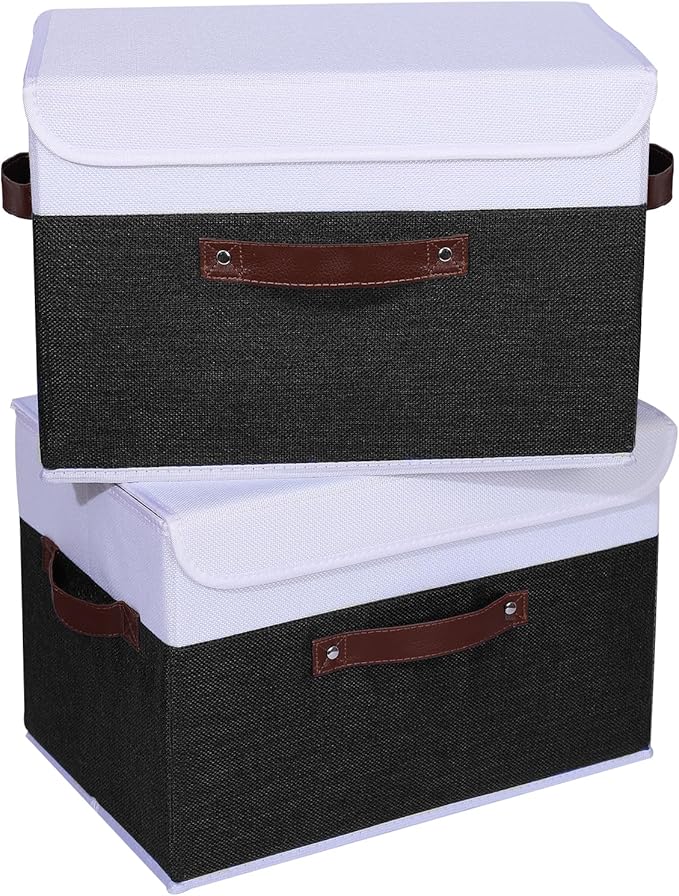 ANMINY 4PCS Storage Boxes with Lid Washable Decorative Storage Bins Basket with PU Leather Handle Foldable Linen Fabric Storage Cubes Containers for Home Closet Organizer - Black White, Large Size