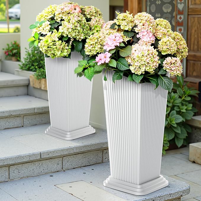 FENCY Set of 2 Tall Planters for Outdoor Plants, 24 Inch Large Tapered Pots with Drainage Trays, Weather-Resistant Plastic Plant Containers for Patio, Porch, Garden, Front Door Decor,White, Striped