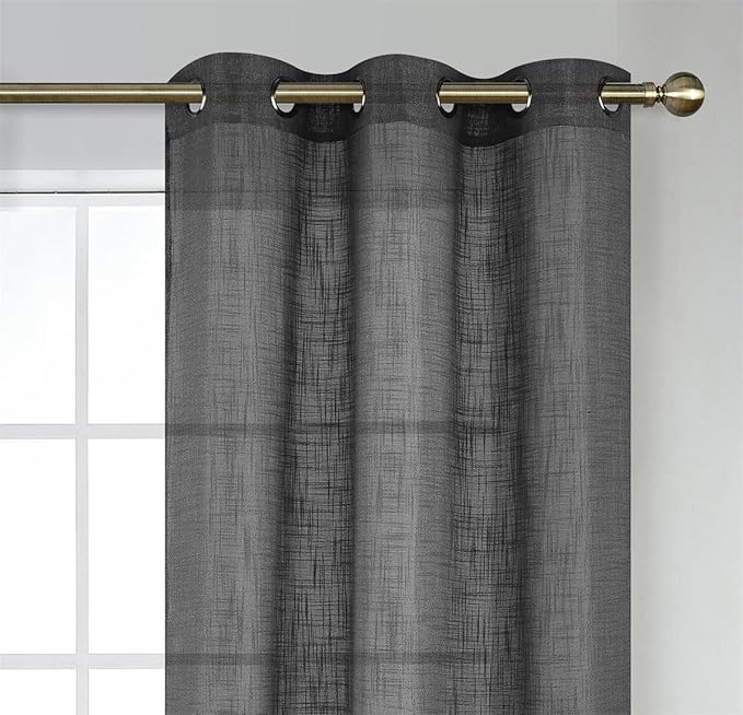 MIUCO Semi Sheer Curtains Poly Linen Textured Solid Grommet Curtains 63 Inches Long for Living Room 2 Panels (2 x 37 Wide x 63" Long) Charcoal Grey