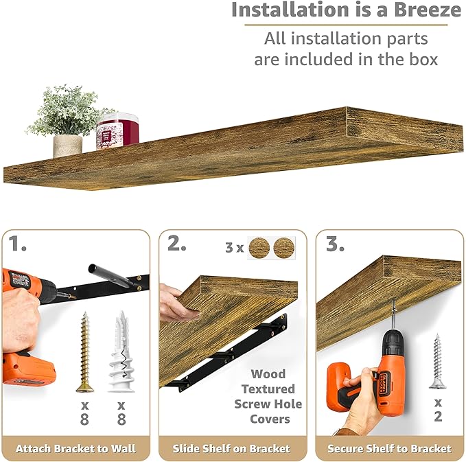 Sorbus Floating Shelves for Wall - 48 Inch Long Bathroom Shelves, Wall Decor for Bedroom, Kitchen, Living Room & Book Storage - Mounted Floating Shelf with Invisible Brackets (Rustic Brown, 2 Pack)