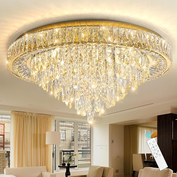 Modern Crystal Chandeliers for Living Room Ceiling Light Fixture LED Dimmable Lamp with Remote Pendant Lighting Flush Mount Ceiling Light for Dining Room Bedrooms Foyer