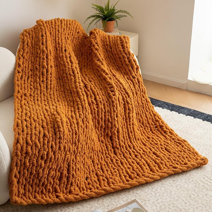 WESHIONGOO Chunky Knit Blanket Throw 50"×60" Knitted Throw Blankets for Couch Bed Fall Throw Blanket Fluffy Soft Blanket with Jumbo Chenille Yarn Thick 100% Handmade (Burnt Orange)
