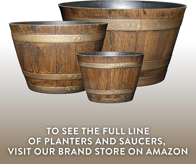 Classic Home & Garden Whiskey Barrel Planters - Wooden Finish Flower Planter Pot - Decorative Garden Pots - Indoor & Outdoor Resin Planters - Weather-Resistant Planting Pots (15” Oak Brown, Pack Of 1)