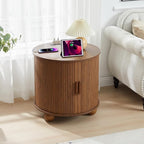 AVZEAR 24" Large Round End Table with Charging Station, Farmhouse Fluted Sofa Side Table with Sliding Tambour Door & Storage, Mid-Century Wood Nightstand for Living Room, Bedroom, Walnut