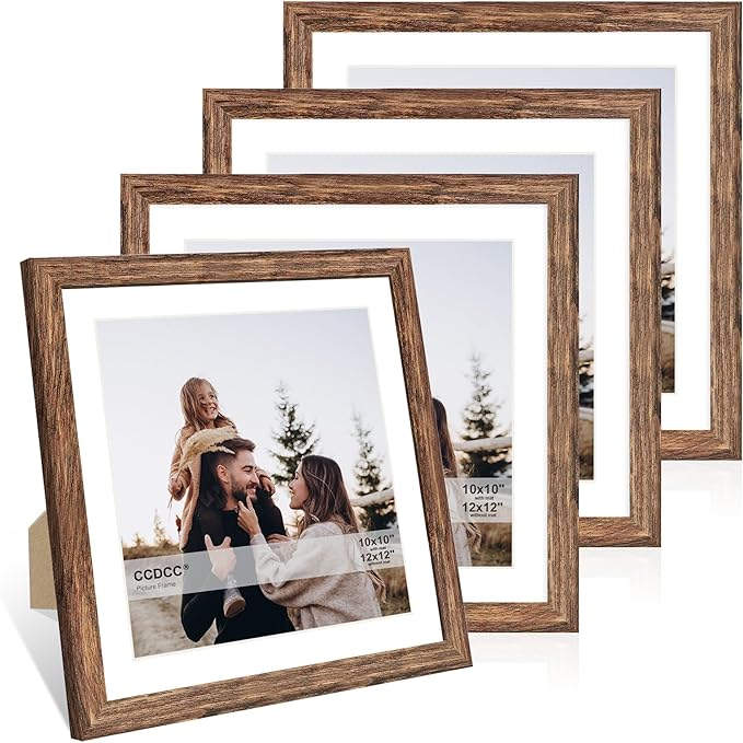 12x12 Picture Frame Set of 4, 12 x 12 Wood Photo Frames with Mat for 10x10 or 30x30cm Diamond Painting Art, Wooden Frame with Real Glass Cover for Wall and Tabletop Display,Rustic Brown