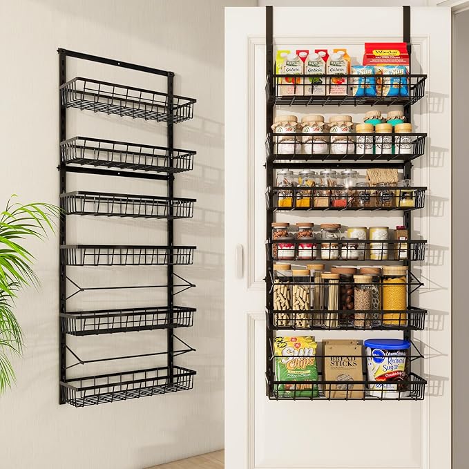 Over The Door Pantry Organizer, Pantry Storage and Organization, 6-Tier Adjustable Hanging Baskets, Metal Wall Mount Spice Rack Seasoning Shelves for Home & Kitchen, Laundry Bathroom - Black