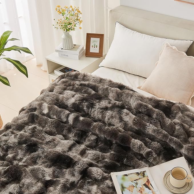 Lotus Karen Faux Fur Blanket Tie-Dye Dark Gray Twin Size - Big Bubble Rabbit Fluff Throw for Couch Small Fluffy Fuzzy Cozy Thick Furry Plush Shaggy Blankets 108x90 Inches