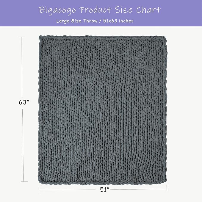 Bigacogo Chunky Knit Throw Blanket for Couch, 51x63 inches, 100% Hand Knitted with Thick Jumbo Chenille Yarn, Cozy Soft Large Rope Knot Cable Crochet Blankets for Sofa Bed Living Room, Iron Gray