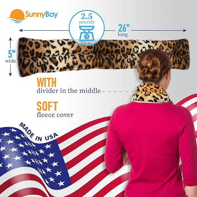 SunnyBay Microwave Heating Pad, Microwavable Heated Neck and Shoulder Wrap, Soothing Weighted Moist Heat or Ice Pack with Flaxseed and Lavender, FSA HSA Approved, 26x5 Inches, 2.5 lbs, Leopard