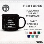 DISCOUNT PROMOS Custom Ceramic Campfire Coffee Mugs 13 oz. Set of 10, Personalized Bulk Pack - Perfect for Tea, Espresso, Cappuccino, Hot Cocoa - Black
