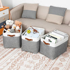 DULLEMELO Large Storage Baskets, Fabric Storage Basket with Leather Handles for Shelves Closet Nursery Toy Storage, Collapsible Fabric Baskets for Toy Book Magazine Towel Organizers(White&Gray)