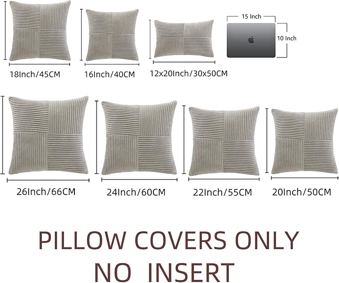 Fancy Homi 2 Packs Neutral Grey Decorative Throw Pillow Covers 16x16 Inch for Living Room Couch Bed, Rustic Farmhouse Boho Home Decor, Soft Corss Patchwork Corduroy Textured Square Cushion Case 40cm