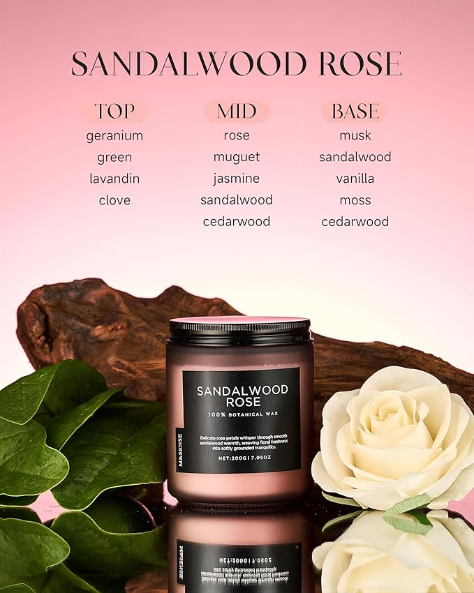 M&SENSE Sandalwood Rose Scented Candle 7.05oz 50 Hours Long Lasting Burn Natural Soy Wax Strong Scented Candle for Home, 2 Wick Home Fragrance Slow Burning Housewarming Gifts for Men Women