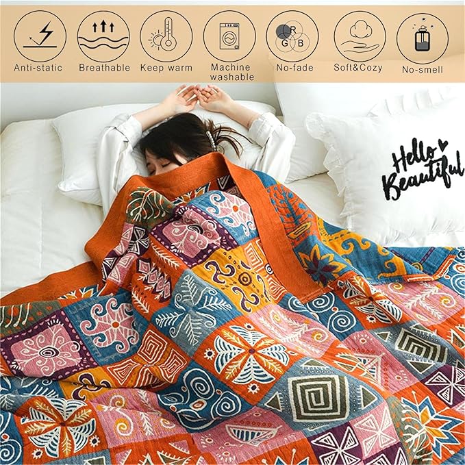 Boho Throw Blanket King Size Christmas Blanket 100% Cotton Blankets for Couch Bed, Cotton Quilts Muslin Bed Blanket 90''x 98'' Cozy Pre-Washed Decor Gift for All Seasons