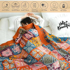 Cotton Throw Boho Blanket for Couch Bed,Cotton Quilted Boho 80''x90'' Muslin Blankets Travel Mexican Super Soft Blanket