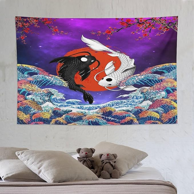 Houselerax Japanese Koi Fish Tapestry, Yin Yang Big Wave Cherry Blossom Tapestries Wall Hanging for Bedroom Living Room Office Decor 90"x60"