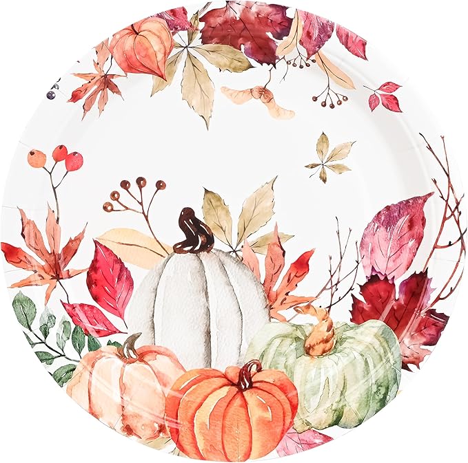 AllReal Fall Pumpkins Paper Plates Rustic Pumpkin Leaves Disposable Party Plate 7" Thanksgiving Autumn Dessert Plate for Birthday Baby Shower Party Supplies Table Decor (48)