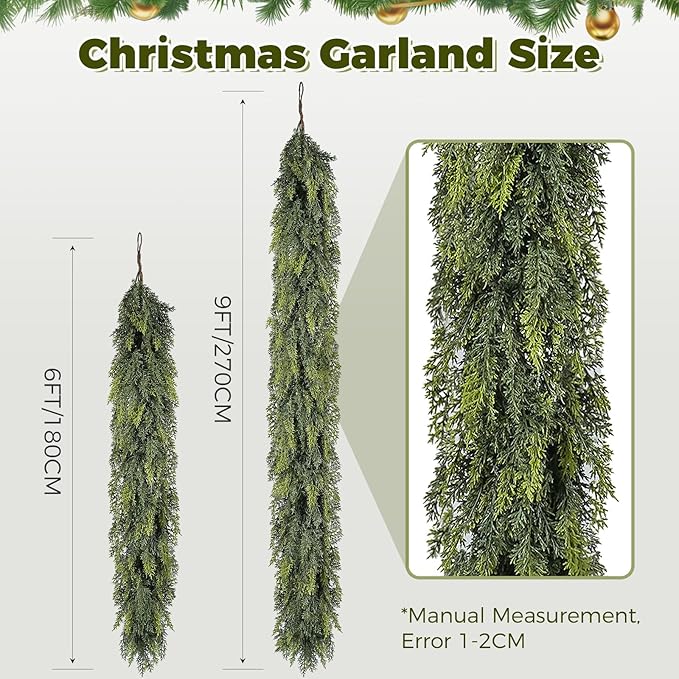 6 ft Christmas Garland, Cedar Garland, Real Touch Cypress Garlands, Green Artificial Greenery Garland for Mantel Indoor Outdoor Christmas Decorations