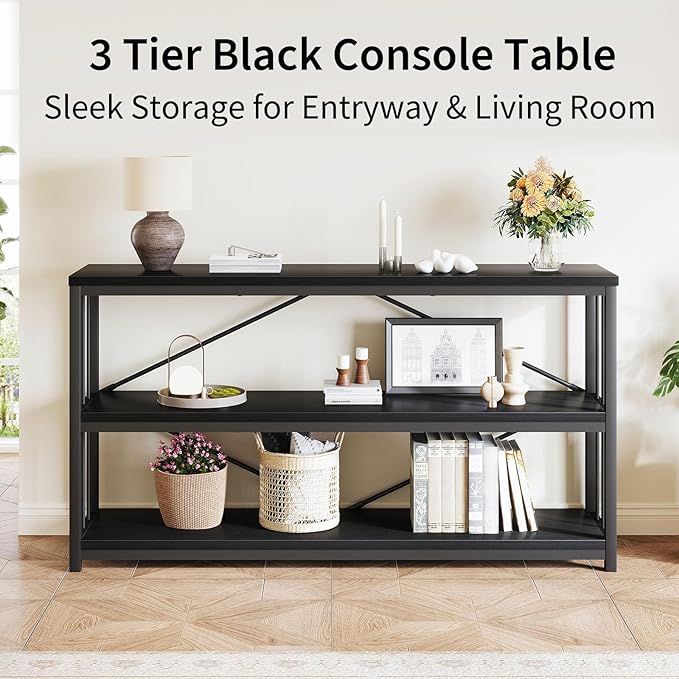 LVB Black Console Table, Modern Entryway Table for Hallway Living Room, Industrial Sofa Table Behind Couch, Farmhouse Wooden Metal Entry Table for Foyer with 3-Tier Storage Shelves, Black Oak, 55 Inch