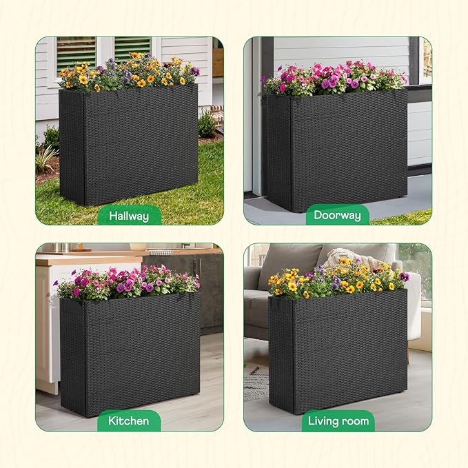 IDZO All Weather Wicker Planter Raised Garden Bed, 24 in Tall Round Rattan Flower Pots, Durable Self-Watering Indoor Outdoor Wicker Planters for Porch Patio Balcony