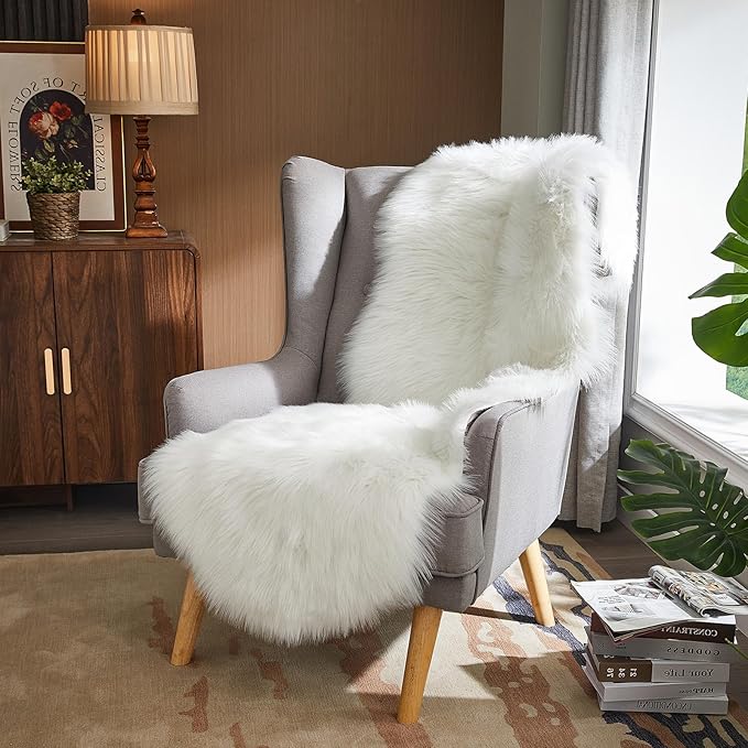 AMTOVO Faux Sheepskin Rug, White Ultra Soft Fluffy Shag Area Rug, 2 x 6 ft Faux Fur Rug for Bedroom Sofa Throw Cushion Room Decor, Sheepskin