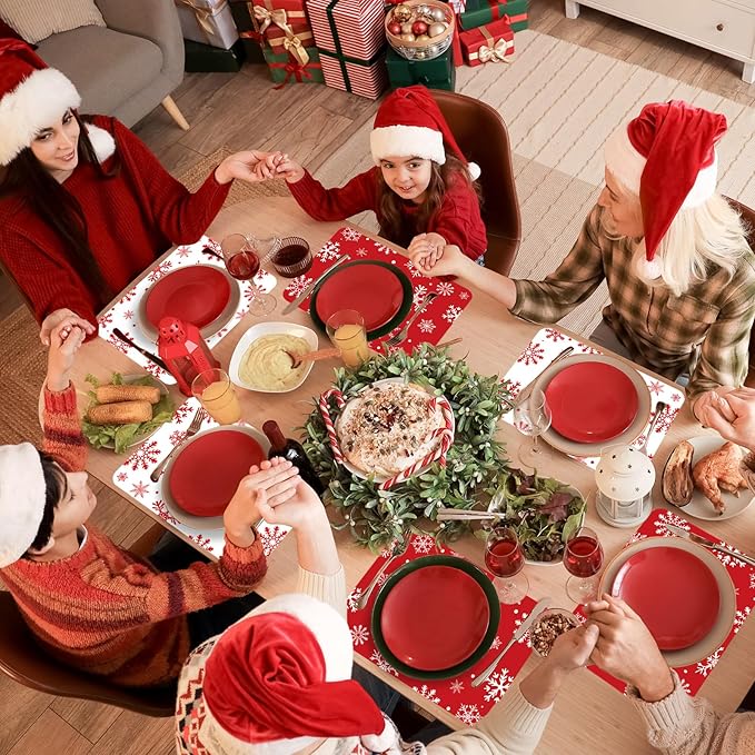 Christmas Placemats Set of 6 Christmas Red and White Snowflake Plastic Table Mats Winter Place Mats Washable Seasonal Xmas Winter Holiday Table Decoration for Indoor Outdoor Party Kitchen Dining