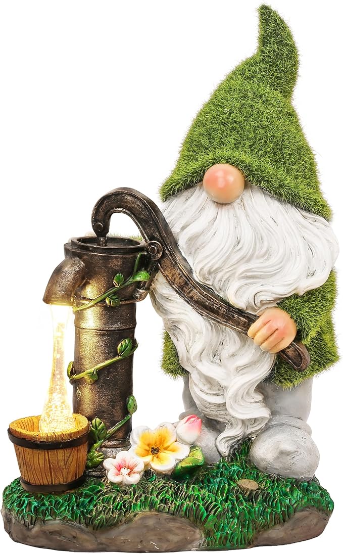 TERESA'S COLLECTIONS Garden Gnomes Decor with Solar Lights, Fathers Gifts, Green Outdoor Resin Decorations for Porch Patio, Gnome Ornaments for Dad and Mom，9"