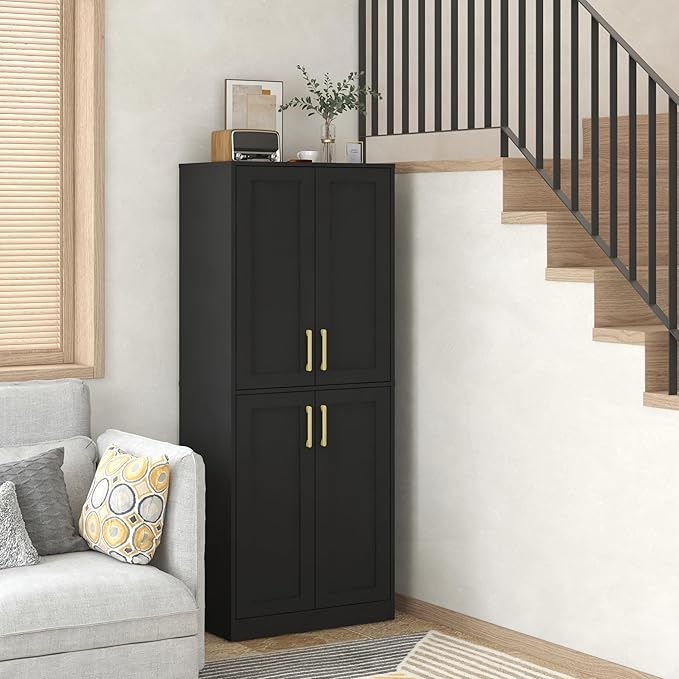 Tall Storage Cabinet with Doors & Shelf for Bathroom, Living Room, Entryway - Black