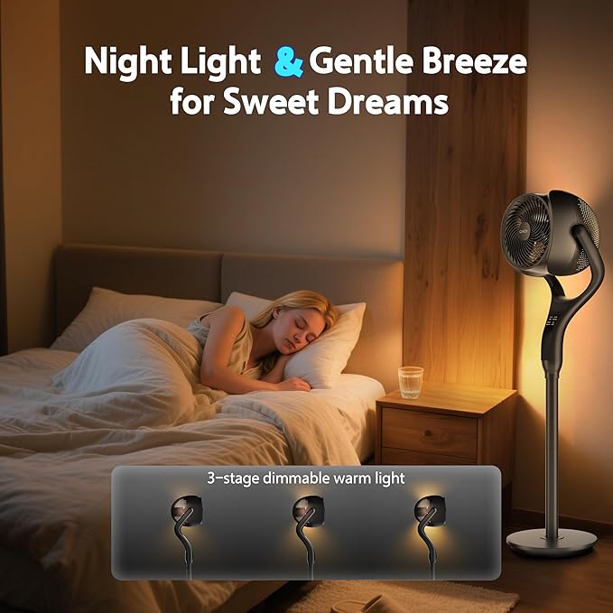 Standing Fan for Bedroom, 90° & 120° Oscillating Pedestal Fan, 3 Heights Adjustable Floor Fan with Brushless DC Motor, 12 Speeds, 3 Modes, Night Light, 12H Timer, Remote for Home, Dorm, Office