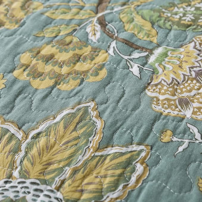 NEWLAKE Cotton Bedspread Quilt Sets-Reversible Patchwork Coverlet Set, Green Floral Pattern, King Size