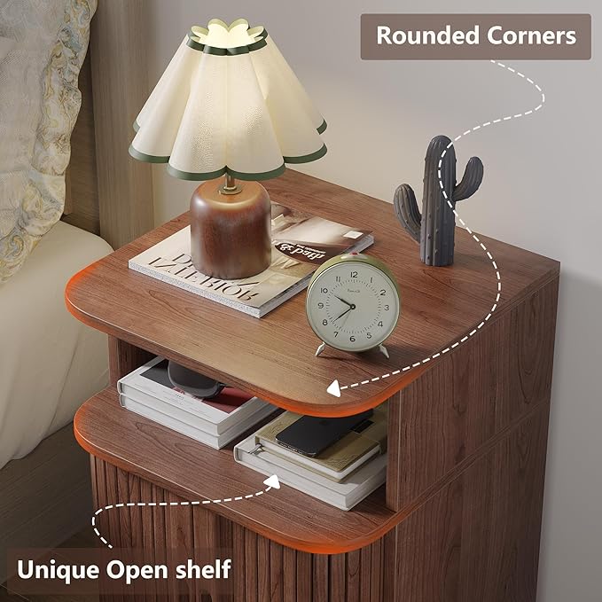 Alohappy Mid Century Modern End Table with Sliding Tambour Door, Fluted Wood Nightstand, Curved Round Edge Side Table with Storage Cabinet for Bedroom, Living Room, Walnut