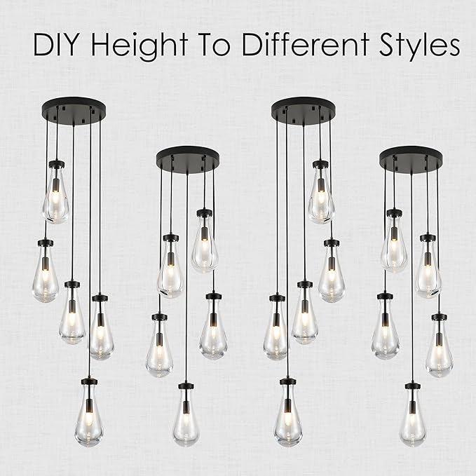 5-Light Raindrop Pendant Light Fixtures, Black Glass Pendant Lighting, Teardrops Modern Hanging Light for Entryway Foyer Kitchen Island Dining Living Room Hallway