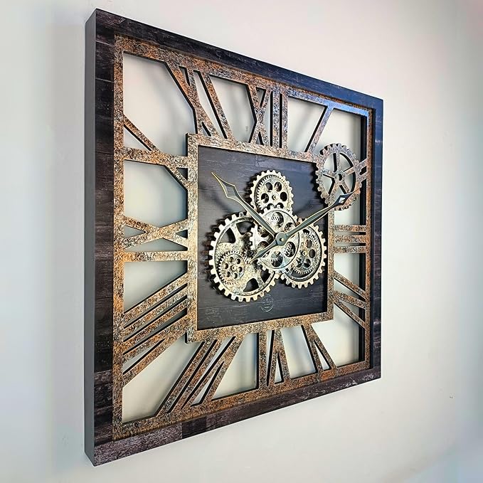 The Gears Clock 24'' Inch Square Real Moving Gear Wall Clock Vintage Industrial Oversized Rustic Farmhouse (Vintage Black)
