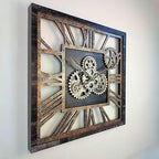 The Gears Clock 24'' Inch Square Real Moving Gear Wall Clock Vintage Industrial Oversized Rustic Farmhouse (Vintage Black)