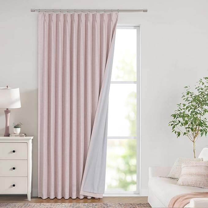 Vision Home Soft Pink Pinch Pleated Full Blackout Curtains Linen Blended Room Darkening Window Panels 95 inch for Living Room Bedroom Thermal Insulated Pinch Pleat Drapes with Hooks 60" Wx95 Lx1