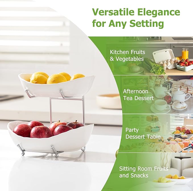 HBlife Fruit Bowl for Kitchen Counter - 2 Tier Ceramic Fruit Bowl with Metal Stand, Tiered Fruit Basket for Kitchen Counter, Serving Platters Serving Trays for Party