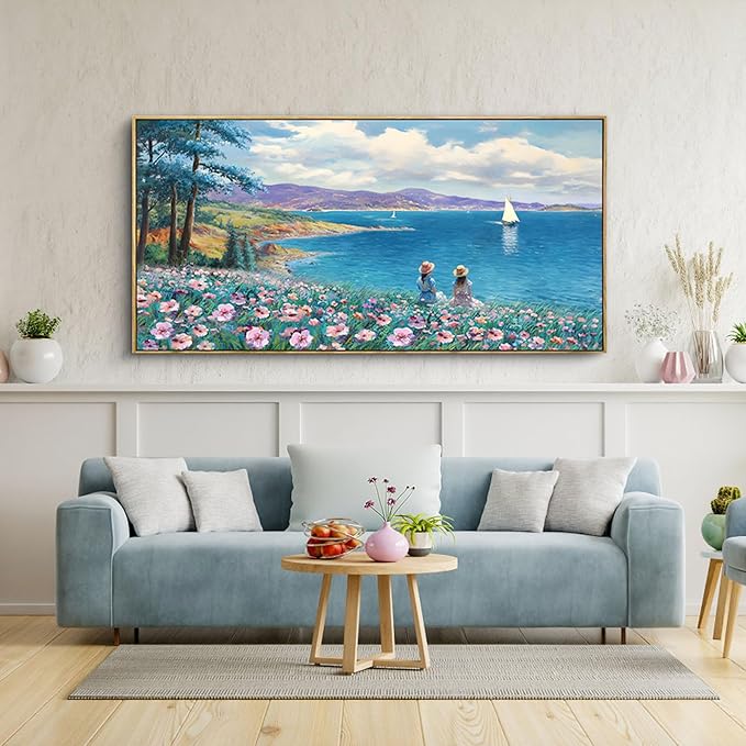 XLSJERST Large Landscape Wall Art - Blue Ocean Pink Flower Sailboat Mountain Tree Decor Orange Frame Artwork for Wall Large Picture for Living Room Bedroom Home Office Wall Decoration Size 24x48