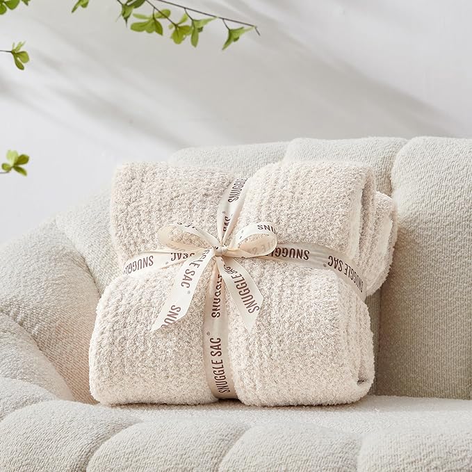 Snuggle Sac Heather Ivory Oversized Throw Blanket for Couch, Super Soft Warm Blankets Cozy Knit Fuzzy Lightweight Throw XL for Sofa, Bed, Heather Ivory, 50x 70 inches