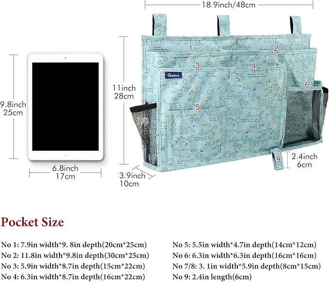Surblue Bedside Caddy Hanging Bed Organizer Storage Bag Pocket for Bunk and Hospital Beds, College Dorm Rooms Baby Bed Rails, Camp 8 Pockets, (Large, Cartoon)