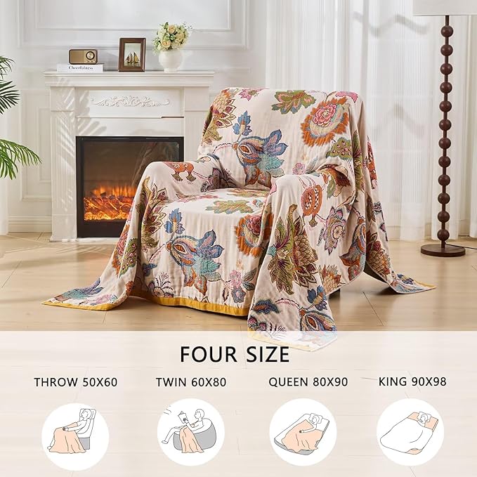 Boho Throw Blanket for Bed, Lightweight Reversible Quilt, Fall Cotton Blanket, Queen Size Boho Floral Bird Colorful Retro Quilt Ultra Soft Reversible Gauze Blanket for All Season, 80"x90"