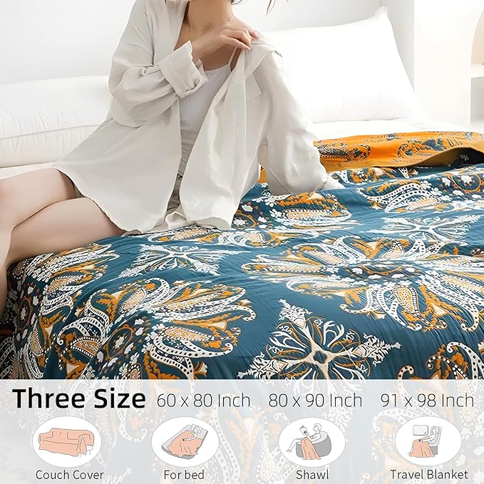 Boho Throw Blanket for Bed - 100% Pure Cotton Ultra Soft Rustic Quilt - Farmhouse Decor Bed Blankets, All Season Rustic Throw for Sofa Couch Chair(91''x 98'', Boho Floral)