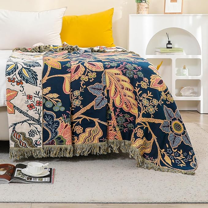 Boho Cotton Throw Blanket - Ultra-Soft Rustic Quilt for Bed, Home Decor & Travel - Large 90"x98" Muslin Blanket - All-Season Lightweight Bedspread & Throw for Women & Moms