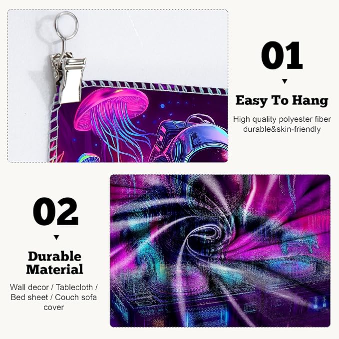 BVBOX Astronaut Space Blacklight Tapestry 79"x59", UV Reactive DJ Astronaut Jellyfish Universe Galaxy Planet Glow in Dark Music Tapestries, Black Light Neon Upright Poster Wall Hanging Backdrop Decor for Bedroom Living Room